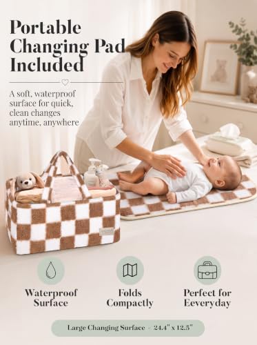 Baby Diaper Caddy Organizer with Waterproof Changing Pad, Checkered Taupe - color: 5/ Checkered Taupe Diaper Caddy with changing pad