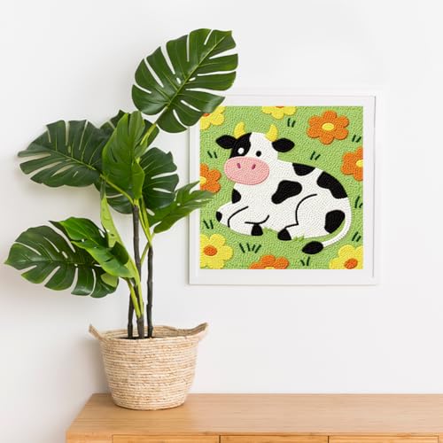 Doodlream Cow Flower Needle Kit for Beginner, 9.4"x 9.4" Cartoon Animal Punch Stitching Craft Set, Color DIY Embroidery Starter with Printed Frame, Instruction, Threader, Yarn, Pinch Needle - color: Cow