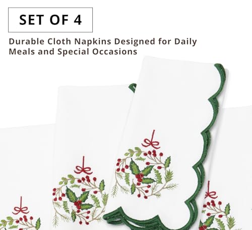 PurpleEssences Scalloped Cloth Napkins 18x18 in - White Edges Green Wreath - color: Christmas - Wreath