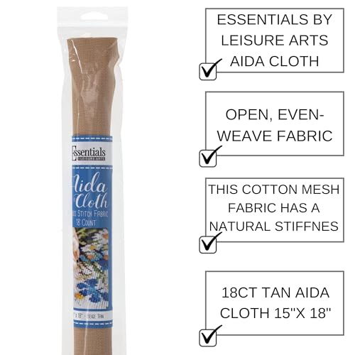 Essentials By Leisure Arts Aida Cloth, 18 Count, Beige Tan, Cross Stitch Fabric, Embroidery Fabric, Cross Stitch Supplies for Crafting, Stitching, and Sewing Projects 15X18