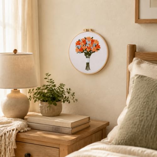 Flower Bouquet Embroidery Kit Beginners, DIY Hand Embroidery Set with Hoop