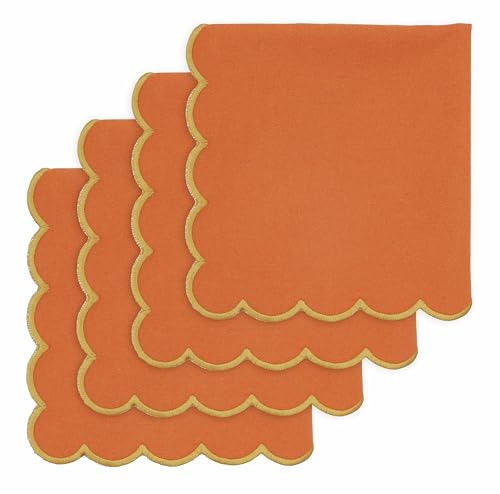 PurpleEssences Scalloped Cloth Napkins 18x18 in - Orange Edge Golden Yellow - color: Orange(edges- Golden Yellow)