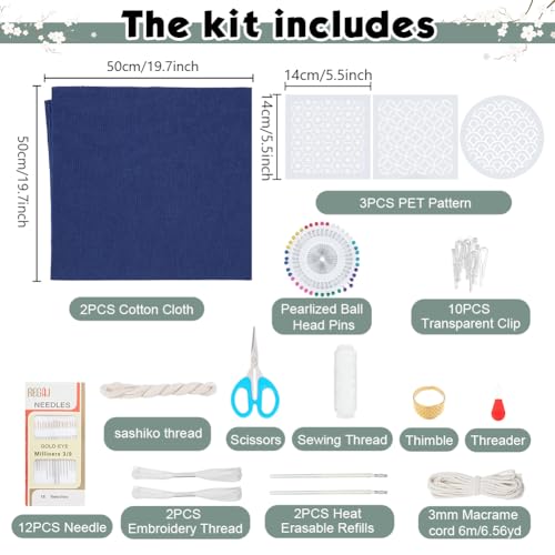 INFUNLY 3 Set Sashiko Drawstring Bag Kit DIY Sashiko Coin Purse Navy Blue Fabric Set for Beginners Make Your Own Tote Bag Thread Needles Hand Sewing Kit for Adults - style: Wave pattern