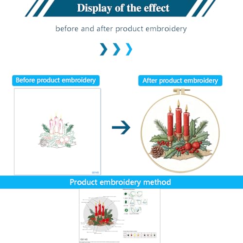 Zhenqing Christmas Candle Embroidery Kit for Beginners, Red Candle Holly Berry Needlework Kit with Pre-Printed Fabric, Hoop, Threads & Tools (C0145) - color: Christmas Red Candle