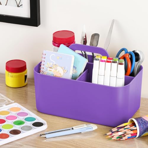 Multiuse Caddy Organizer with Handle, Portable Divided Plastic Tote Bin - Art Craft, Stationary Pen Marker Crayon, Makeup Hair Supplies Storage - Bathroom, Classroom, Dorm, Office, Desk Holder -Purple - color: Purple