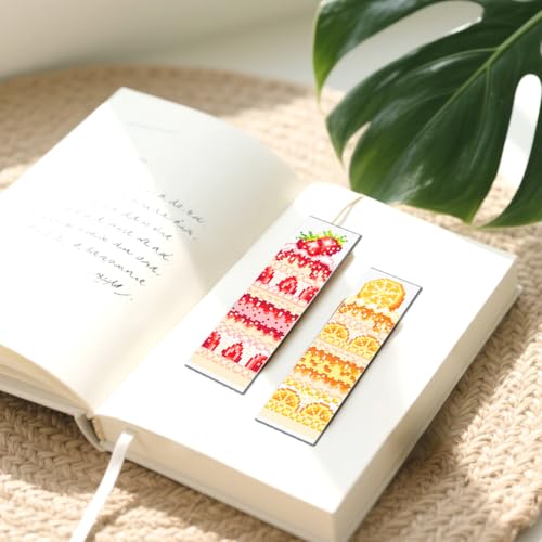 FREEBLOSS 6pcs Fruit Cake Cross Stitch Bookmark Kit 11CT Stamped Cross Stitch Kit DIY Embroidery Bookmarks Set with Felts Backing Instructions for Adult Beginners 8"x2.4" - style: Cake cutting surface