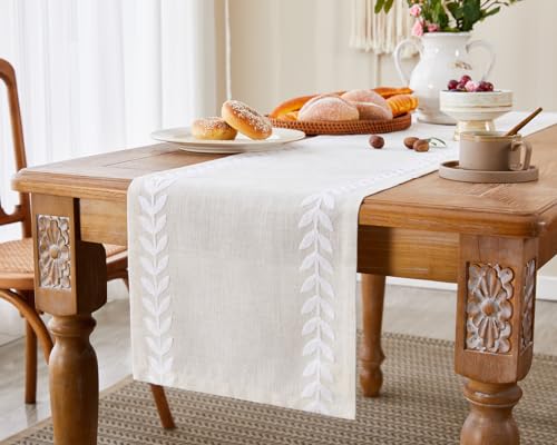 Linen Embroidered Table Runner, White Table Runners 48 Inches Long - color: White, size: 13×48 Inch