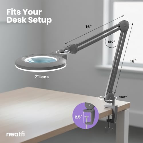 Neatfi XL Bifocal LED Magnifying Lamp, 7” Acrylic Lens, 2.25X/6X Magnification, 1,600 Lumens Dimmable | Hands-Free Close Work | Crafting, Jewelry & Reading (Silver, 7-inch Lens, Non-CCT with Clamp) - color: Silver, size: 7-inch Lens, Non-CCT with Clamp