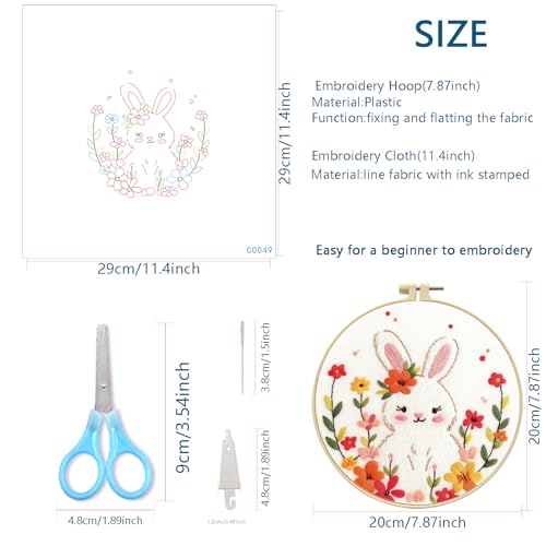 Zhenqing Fairy Tale Rabbit Embroidery Kit for Beginners, 29x29cm Pre-Printed Cotton Fabric with 20cm Hoop, Cute Bunny with Flowers Design for Home Decor(C0049)