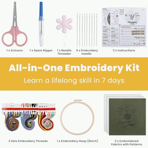 HTVRONT 3 Pack Embroidery Kit for Beginners, 9 Flower Practice Samplers