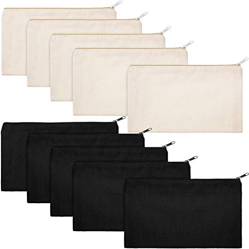 Gejoy 10 Pack Blank Canvas Cosmetic Bags Zipper Pouch DIY,S,Beige and Black - color: Beige and Black, size: Small