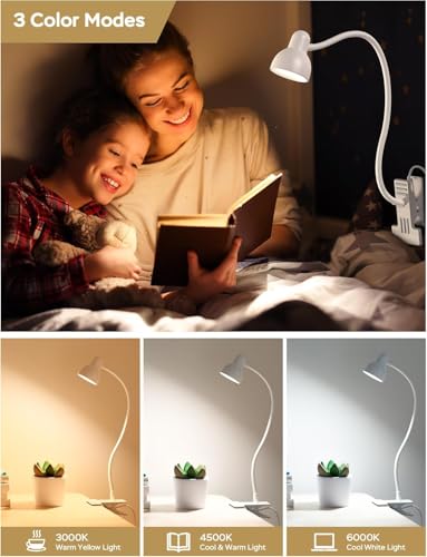 Clip on Lamp USB Reading Light, 3 Color Modes, White - color: White