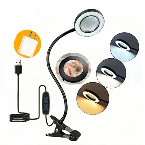 Reading Lamps, Clip on Desk Lamp,Craft Lamp Adjustable Lighted Magnifying Glass with Stand Portable Eye LED Light 3 Colors Dimmable for Reading Crafts Workbench (Adapter Available)