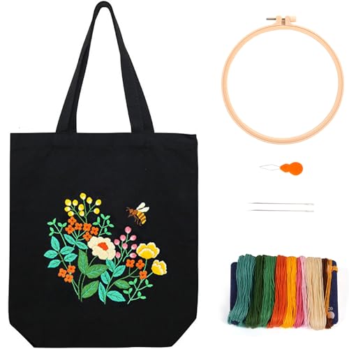 Canvas Tote Bag Embroidery Kit, Beginner Embroidery Kit for Adults, Hand Embroidery Starter kit with Floral Pattern, Arts and DIY Crafts Embroidery Kits , Cross Stitch Kit with Embroidery Bag and Tool - color: Black Yellow