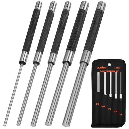 HORUSDY 5-Piece Roll Pin Punch Set, 8-Inch Carbon Steel Pin Punch Tool Kit (1/8" to 3/8") with Storage Pouch for Gunsmithing, Watch & Jewelry Repair