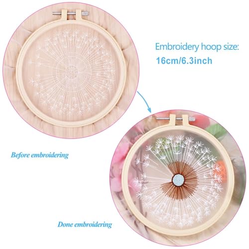 KISSBUTY Full Range Embroidery Starter Kit with Dandelion Pattern, Plastic Hoop, Color Threads, Tools