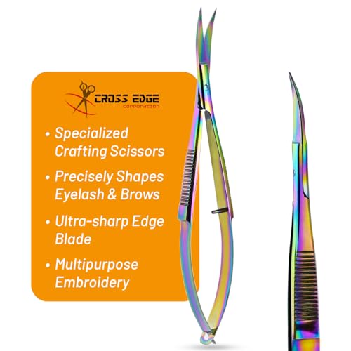 Cross Edge Curved Spring Scissors 5 Inch Stainless Steel Precision Eyebrow & Eyelash Shaping & Trimming Scissor, Snips Squeeze, Embroidery, Knitting Micro Tip Craft Scissors (Rainbow) - color: Cec-ss-27