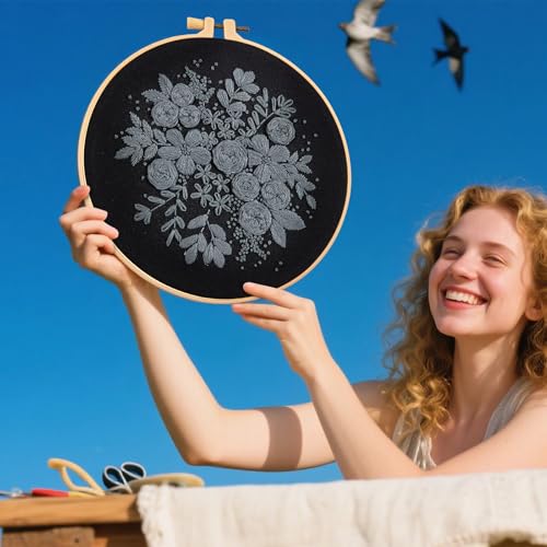 Crafmanoe Embroidery Kits for Beginners Adults, Black Flowers Embroidery Starter Kits, Counted Cross Stitch Kits for Beginners Adults Hobbies Set for Women, Embroidery Hoops, Thread and Video Tutorial - color: H2036, size: 8Inch