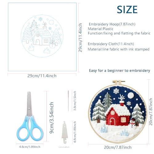 Zhenqing Winter Snow Scene Embroidery Kit for Beginners - Complete Set with 20cm Hoop, Pre-Printed 29x29cm Cotton Fabric, Threads & Tools(C0163) - color: Winter Snow Scene