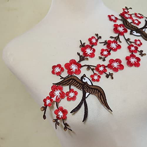 1pair Quince Sakura Flower Embroidery Iron On Applique Patches (Red H) - color: Red H