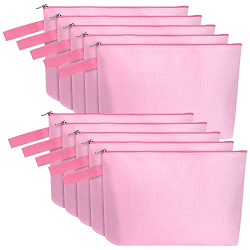 10 Pieces Cotton Canvas Makeup Bag with Bottom and Strap, Multi-Purpose Cosmetic Bag with Zipper Travel Toiletry Pouch, Blank DIY Craft Bag (Pink, L) - color: Pink, size: L