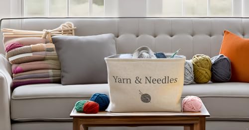 Yarn and Needles Large Tote basket for all your sewing and knitting storage needs. Keep all of your yarn and needles in one stylish tote basket with handles for easy lifting.