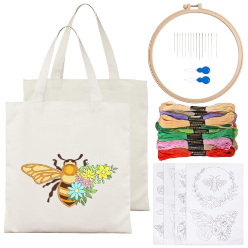 GLOBLELAND Canvas Tote Bag Embroidery Kit with 2 Pcs Storage Bag 1pc Embroidery Hoop 18 Pcs Embroidery Needles 4 Sheets Bee Butterfly Water-Soluble Embroidery Stabilizers 24 Pcs Threads