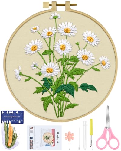 ERKOON Embroidery Kit for Beginners, Flower Cross Stitch Set Include Embroidery Cloth Hoops Threads for Craft Lover Hand Stitch with Embroidery Skill Techniques (Daisy) - color: Daisy