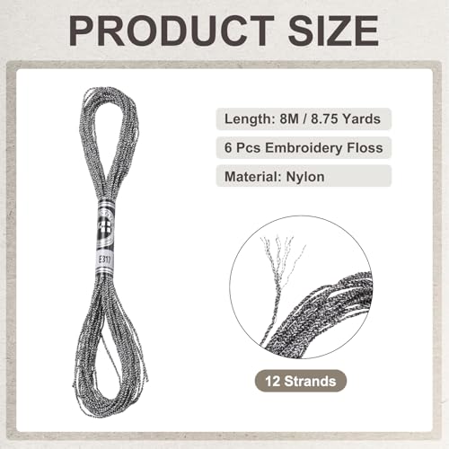 PATIKIL 6 Skeins Embroidery Floss, Metallic Embroidery Thread Nylon Threads Bracelets String for Cross-Stitch Hand Embroidery, Gray - color: Gray