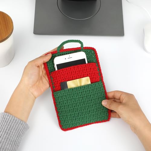 Handmade Crochet Bag Organizer,2-Layer Small Crochet Pouch for Women,Crochet Hook Storage & Knitting Project Bag,Green Red Crocheted Bag for Crochet Supplies,Scissors,Gifts for crochet lovers