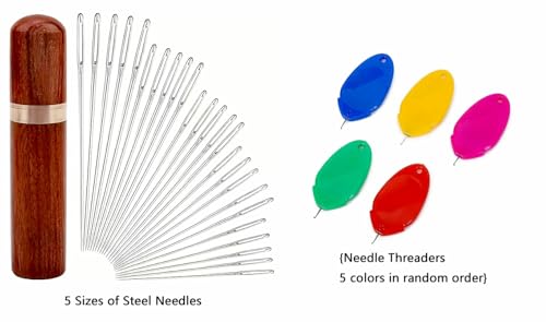 35PCS Large Eye Sewing Needles, Big Eye Steel Needle Set, Stainless Steel Needles for Hand Sewing, Stainless Steel Yarn Knitting Needle with Threader Thimble for Crafts, Repair Quilting