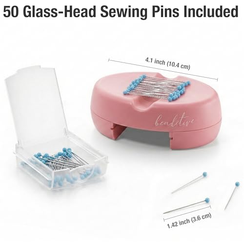 Beaditive Magnetic Pin Cushion with Drawer - Strong Magnet Pin Holder Cushions for Sewing - 50 Glass Head Quilting Pins Included - Chic Pincushion Caddy for Sewing Pins, Paper Clips, Screws – Pink - color: Pink