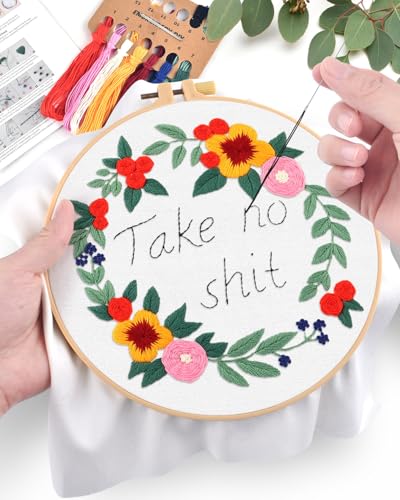 ERKOON Embroidery Kit for Beginners, Flower Cross Stitch Set for Include Embroidery Cloth Hoops Threads for Craft Lover Hand Stitch with Embroidery Skill Techniques (Happiness Wreath) - color: Happiness Wreath