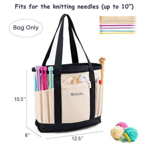 MYBAGZING Yarn Bags for Crocheting,Canvas Crochet & Knitting Tote Organizer - color: Nature-Black, size: Medium-12.5“