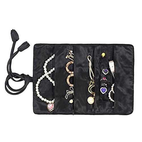 SmilerSmile Jewelry Travel Bag Embroidery Travel Jewelry Organizer with Tie Close Embroidered Flower Jewelry Roll for Women Girls (Red Leaf BLK) - color: Red Leaf Blk