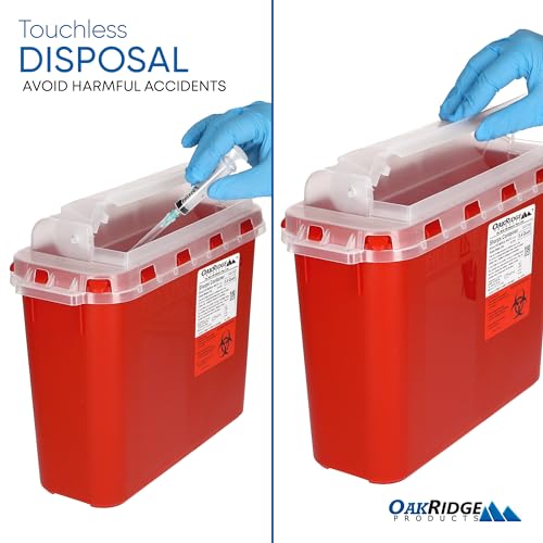 Oakridge Products Transparent Sharps Container for Home Use and Professional 5.4 Quart (1-Pack), Touchless Biohazard Needle and Syringe Disposal, Rotating Lid, CDC Certified