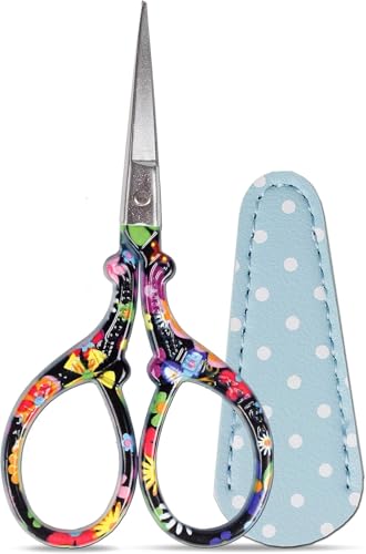 3.6 inch Sharp Embroidery Scissors for Sewing with Premium Leather Sheath - color: Black Flower