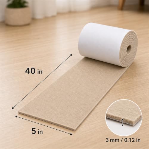 Felt Furniture Pads, Self Adhesive Felt Sheets Roll, Cuttable Felt Pads for Furniture Legs, Heavy Duty Furniture Pads for Hardwood Floors, Chair Wall Protector, Beige, 40 x 5 x 0.12 Inch - color: Beige, size: 5" x 40"