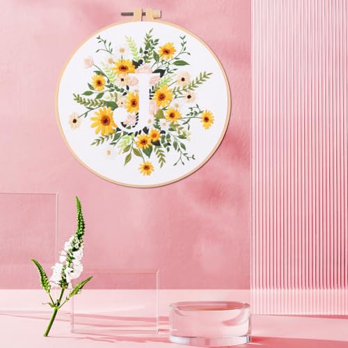 IUHUI Embroidery Kit for Beginners Adults - 26 Floral Letters Easy Patterns, DIY Hand Stitching Embroidery Set with Hoop (Flower and Grass Letter J) - color: Flower and Grass Letter J