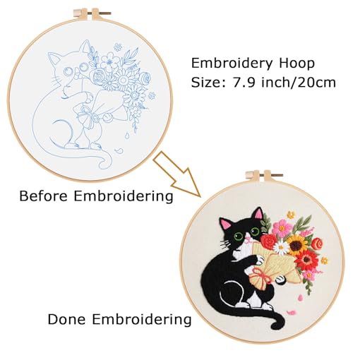 Nuberlic Embroidery Kits for Beginners with Cat and Flower Pattern - color: Kit-8