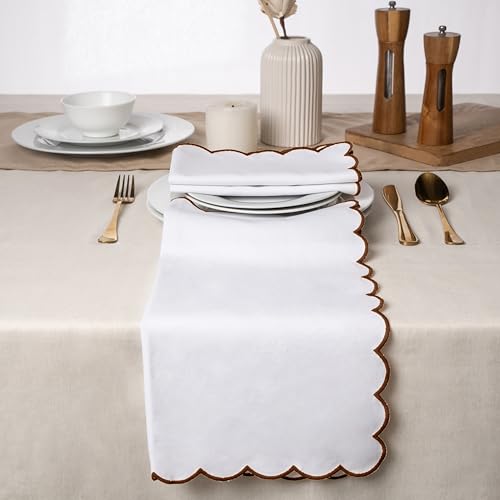 Blue Needles Cotton Scalloped Embroidery Cloth Napkins 17X17Inch - Set of 4 - color: Half White(edges - Nut Brown)