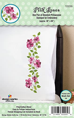 Design Works Crafts Pink Roses Stamped for Embroidery Pillowcases, Standard