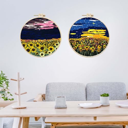Allazone 2 Sets Embroidery Kit for Beginners, Stitch Practice Kits for Craft Lover Hand Stitch with Embroidery Fabric with Stamped Pattern, Starter Stitch Kits Suitable for Adults (Sunset) - color: Sunset