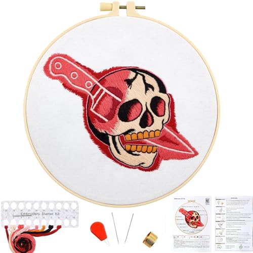Halloween Punk Embroidery Kits for Beginners Adults, Blood Skull Embroidery Starter Kits, Halloween Cross Stitch Kits for Beginners Adults Hobbies for Women, Embroidery Fabric, Hoop and Video Tutorial - color: H2018