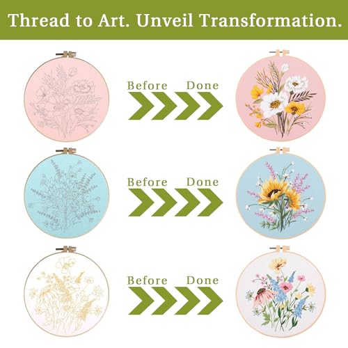 LB Sunflower Floral Embroidery Kit for Beginners Adults, 3 Sets Hand Embroidery Starter Kit with Flower Pattern and Instructions Stamped Cross Stitch Kits Include Embroidery Hoop Needles Threads - color: Pink
