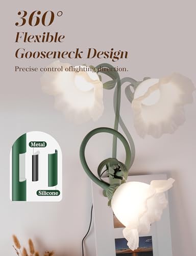 Flower Clip On Desk Lamp for Home and Dorm - Cute Floral Clip On Bedside Book Reading Light, Green Flower Bunk Bed Lighting, Kawaii Led Flexible Gooseneck Table Lamp for Headboard with Clamp - color: Green
