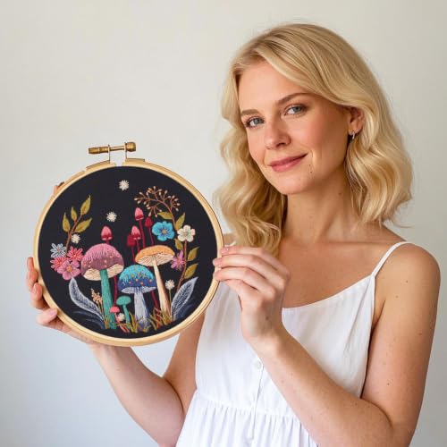 Myfelicity Embroidery Kit with Mushroom Patterns, 3 Hoops, Fabric, Threads, Needles, Instructions (Colorful) - color: colorful