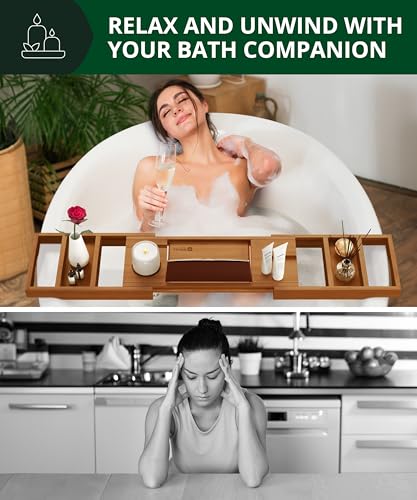 Trending Now Wood Bath Tray – Bathtub Tray for Tub, Expandable Bamboo Bath Tray & Bathtub Caddy with Book Holder, Wine Glass Holder, Phone & Tablet Stand, Spa Bath Accessories, Birthday Gifts for Mom - color: Brown