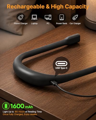 Upgraded Book Light with EVA Case, Neck Light with Power Display - color: Dark Black + Storage Case