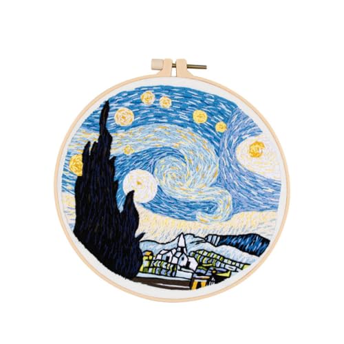 Meecaa Starry Sky Scenery Night Blue Embroidery Kit Starter Set, Hand Embroidery Set,Pattern Printed Cross Stitch Set for Beginner Adults, with Embroidery Hoop and Instructions (Starry Sky) - color: Van Gogh Starry Sky